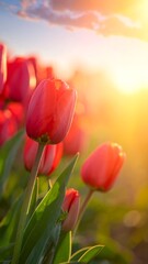 Sunlit red tulips bloom in a warm field, bathed in golden hour light, soft sky