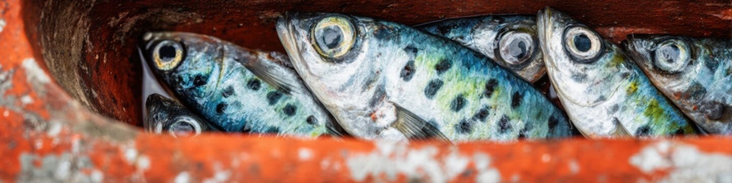 Fresh Pearl Spot fish or Karimeen arranged in a rustic orange container, raw seafood ingredients ready for traditional gourmet cooking, horizontal banner crop