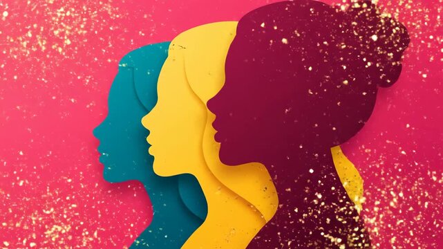 Abstract layered human profile silhouettes on vibrant background