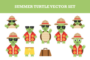 Cute summer turtle vector set featuring adorable cartoon turtles in vacation outfits and accessories for travel and leisure themes © jubayer95