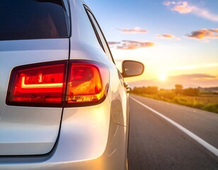 Silver car drives down an asphalt road during a vibrant, golden sunset