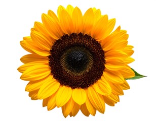 Sunny sunflower with bright yellow petals surrounding a dark brown center, isolated on white