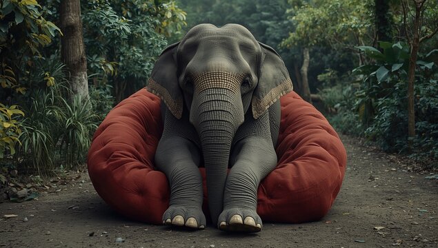 An elephant sitting comfortably on a large red bean bag in a lush green jungle setting, creating a whimsical and tranquil atmosphere