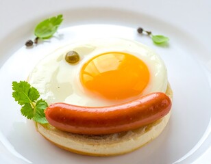 Sunny-side egg, sausage, and muffin on a white plate with herb garnish