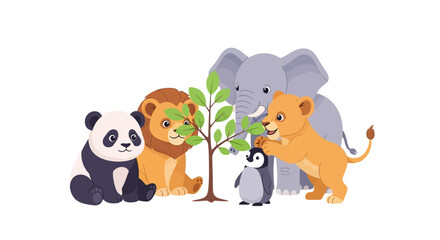 Obraz premium Cartoon animals gathered around a small tree.