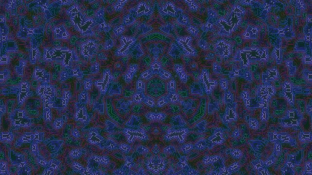 A kaleidoscope pattern of abstract shapes in motion, creating a mesmerizing visual effect with vibrant colors and dynamic geometry from a close-up viewpoint.