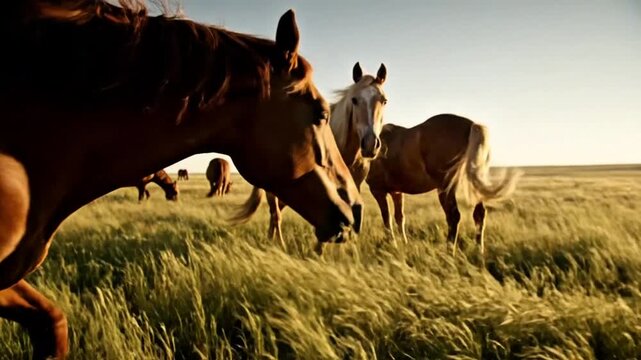 Wild Horses in the Golden Field: A herd of wild horses gracefully traverses a sun-kissed meadow, their manes flowing in the gentle breeze of a perfect day. Capture the wild spirit and untamed beauty.