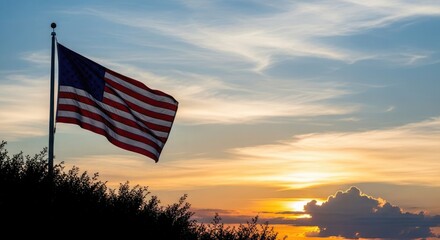 Usa flag day celebration american flag waving high at sunset