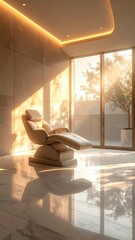 Spa room featuring a plush chair bathed in warm sunset light, reflecting on marble floors