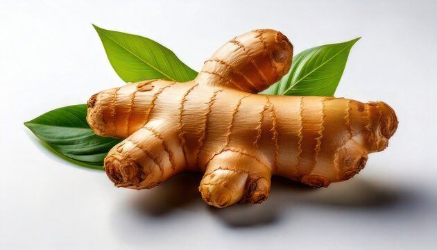 Fresh turmeric root with green leaves on a white surface.
