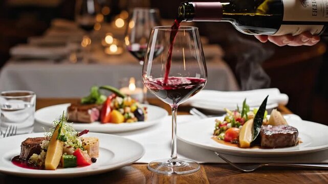 Fine Dining Experience: A captivating composition captures the essence of a sophisticated dining experience, featuring wine being poured into a elegant glass, alongside meticulously prepared dishes.