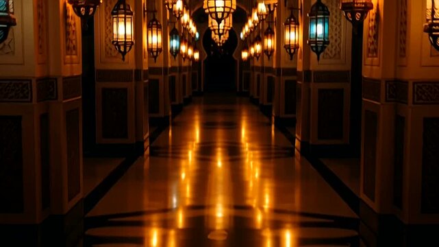 Luxurious Hallway with Ornate Lighting Fixtures.