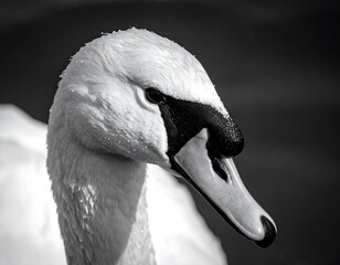 Swan portrait in black and white, displaying textured feathers and elegant head shape