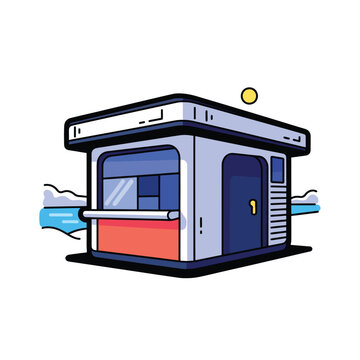 Illustration of a small booth with a counter and door, likely used for sales or services, viewed from the side in a neutral environment