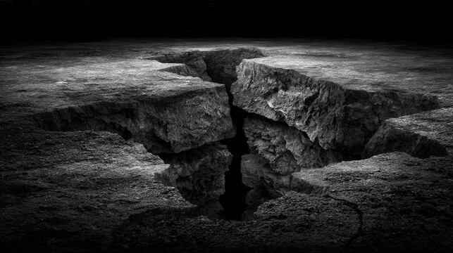 A dramatic black-and-white photo of a deep crack splitting the ground, highlighting the texture and depth of the fissure.