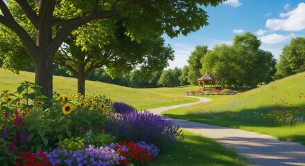 Obraz premium Beautiful Summer Garden Landscape with Colorful Flower Beds, Path, and Wooden Gazebo in a Lush Green Park.
