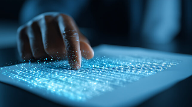 secure digital document verification concept with professional hand touching glowing data, futuristic high tech paper authentication and data security verification