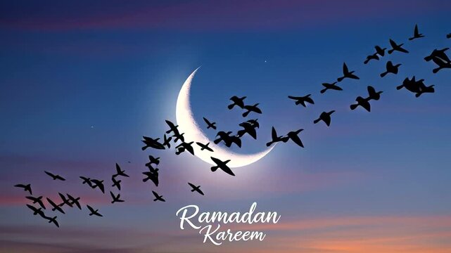 Crescent Moon Birds Flying Ramadan Kareem.