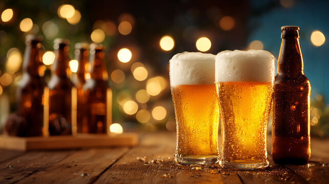 Beer Drinking Concept with Golden Light and Bottles