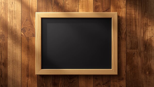 Overhead view of a blank chalkboard on wood surface. Copy space