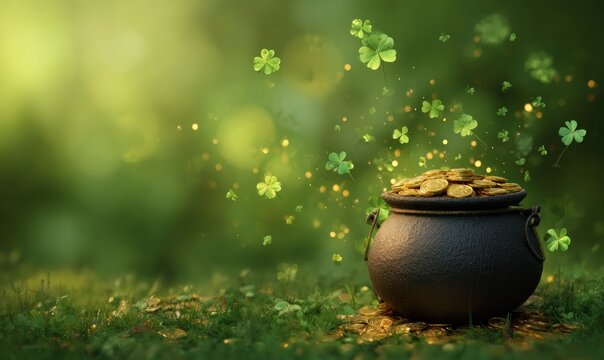 A magical pot overflowing with gold coins and surrounded by floating green clovers, set against a vibrant, lush background.
