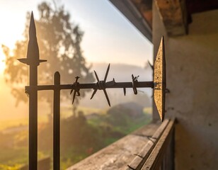 Spiked iron fence with barbed wire against a bright, sunny, landscape background
