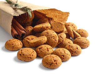 Spilled paper bag with scattered gingersnaps and cinnamon sticks on a white background