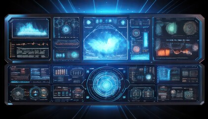 Fototapeta premium Futuristic spaceship control panel interface with glowing blue elements.