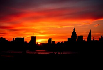 Naklejka premium Dark silhouette of London's iconic buildings against a vibrant sunset, architecture, horizon