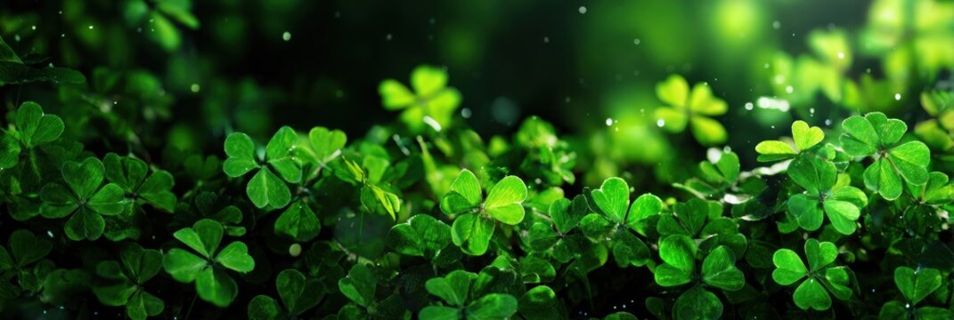 Lush green clovers glisten with dew under soft light, creating a serene and vibrant natural scene full of life.