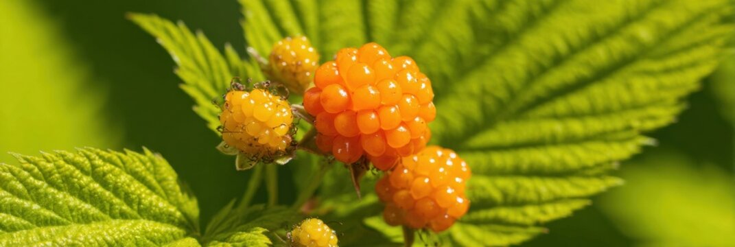 Ripe orange thimbleberry cluster growing on a green bush in a sunny meadow, wild berry foraging and botanical research concept with vibrant summer foliage and copy space