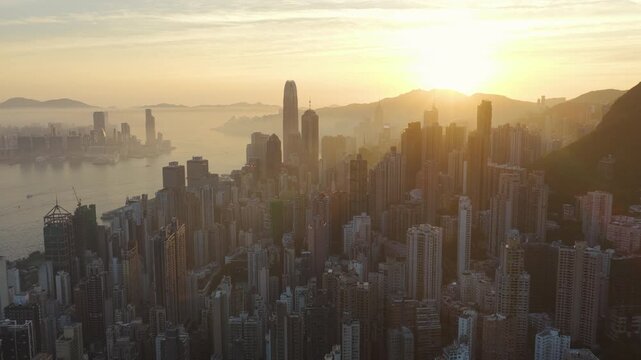 Hong Kong Island Sunrise Glow aerial