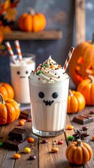Spooky drink with whipped cream and candies. Autumn decor, pumpkins and chocolate