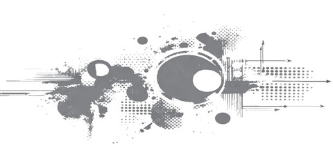 Abstract vector illustration featuring a grunge music background with speakers, black ink splashes, and retro floral design elements in a circular silhouette frame for an artistic sound banner