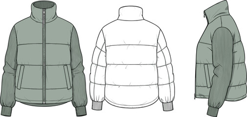 Technical fashion illustration of puffer jacket front, back, and side views with high collar, quilting, ribbed sleeves, and slanted pockets © itz moni
