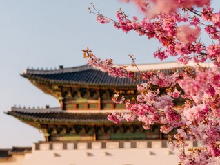Traditional palace architecture in spring with blooming pink cherry blossom flowers framing an ancient eastern building for travel and asian culture advertising