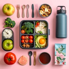 Organized bento box, fruits, utensils, drink, and food package on a flat lay pink surface, bright, natural lighting