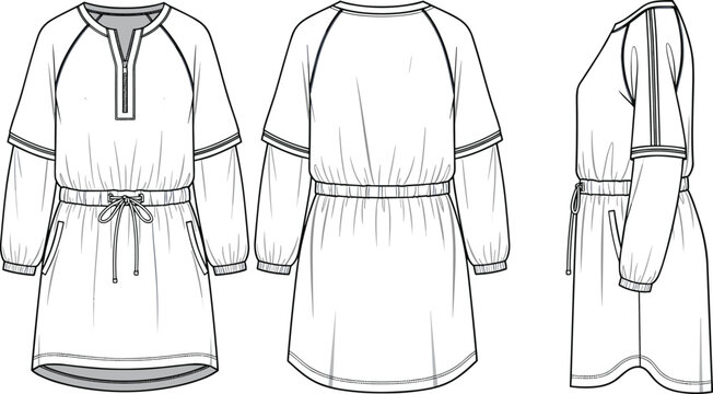 Technical fashion illustration of women&rsquo;s casual dress with drawstring waist, zippered neckline, elastic cuffs, pockets, front back side views