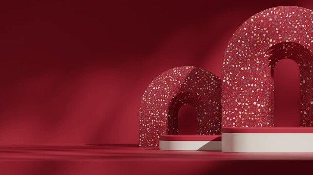 white and red podium seamless loop shadow animation with terrazzo pattern arch background, 3d render footage empty space