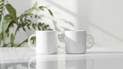 Fototapeta premium Two white mugs mockup with workspace accessories on a white table and a ficus plant