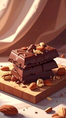 Stack of dark chocolate slabs atop a wooden board, scattered nuts, draped background