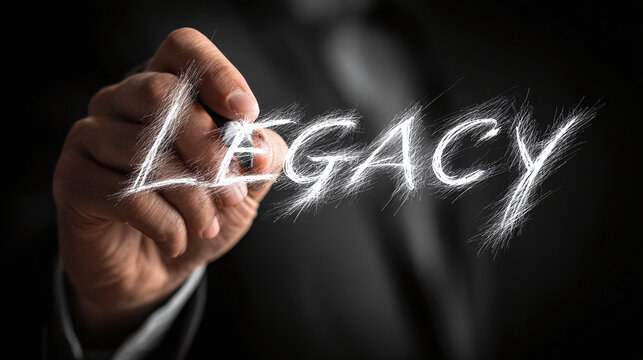 A hand is writing the word LEGACY with a pen on a glass board. The word glows. The word LEGACY symbolizes historical or cultural value, contribution, or achievement