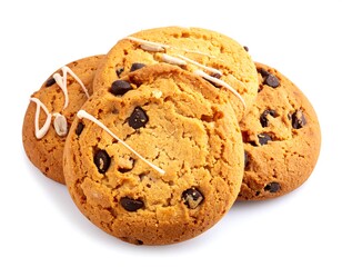 Stack of four chocolate chip cookies with drizzled white icing on a white background