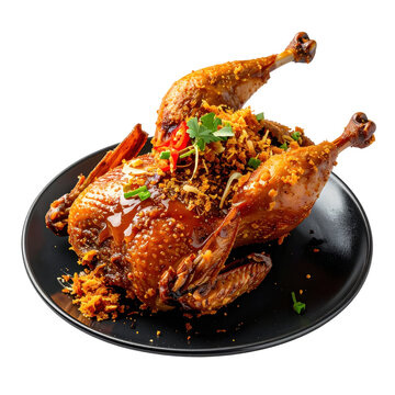 Crispy indonesian bebek goreng, a portion of deeply seasoned and fried duck, professionally photographed and isolated on a pure white background