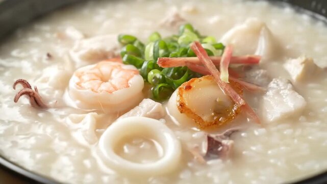 Luxurious Chinese Seafood Congee (Jook) Served in a Black Bowl, Garnished with Fresh Shrimp, Seared Scallop, Squid Rings, Chopped Scallions, and Ginger.