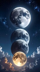 Stack of moons in varying phases against a night sky and clouds, soft & painterly