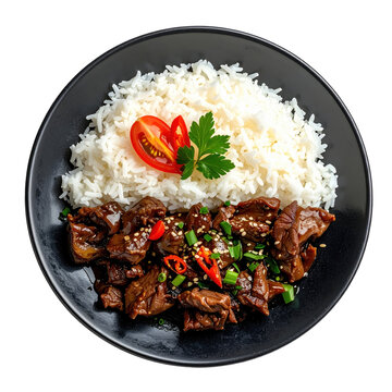 Flaky beef serunding meat floss with white rice, a traditional condiment, neatly captured and isolated on white background