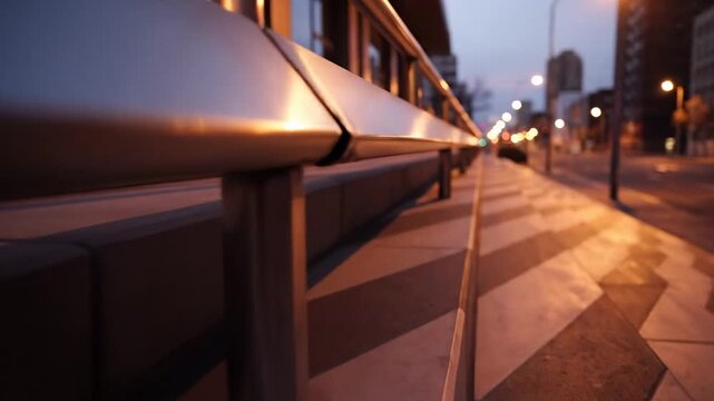 Urban pedestrian walkway at dusk, metal handrail leading perspective for city transport and commuting themes, calm evening mood with streetlights and soft bokeh