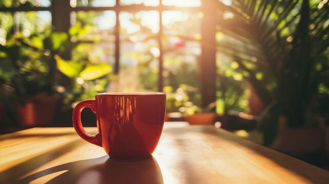 A steaming red mug sits on a wooden table, with a sunlit window and plants in the background