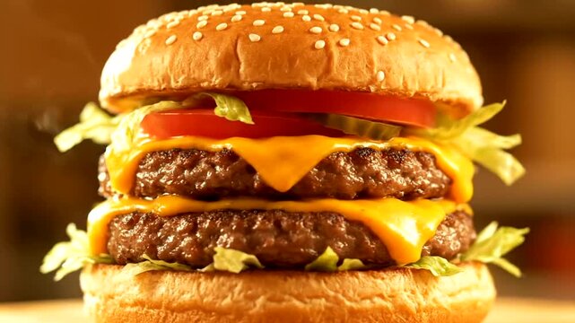 Delicious Double Cheeseburger with Fresh Lettuce, Tomatoes, and Melted Cheese on a Toasted Sesame Seed Bun.